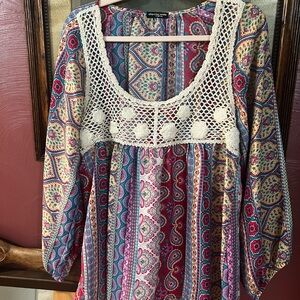 Cha Cha Vente Colorful Paisley Crochet Blouse Large